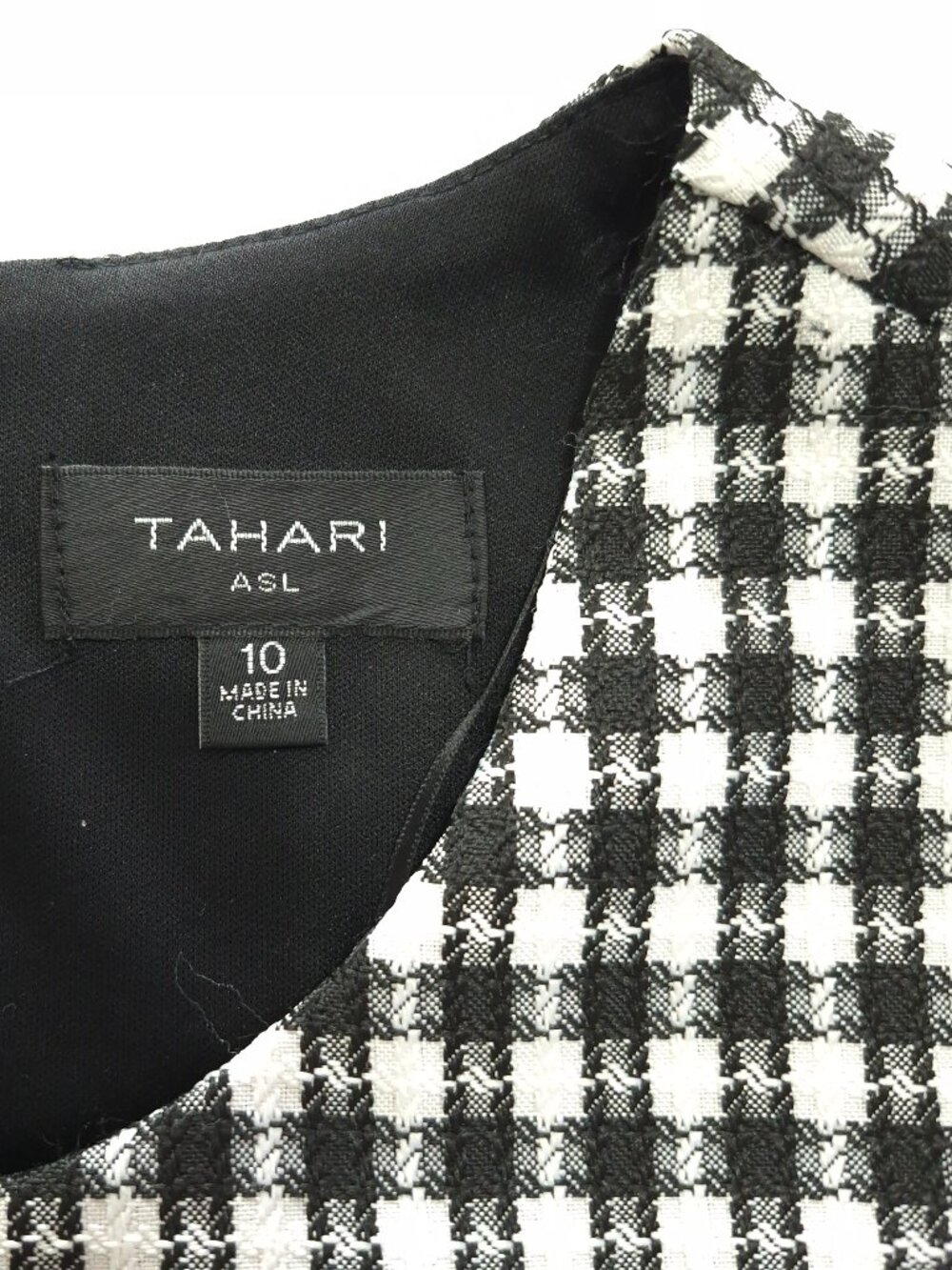Tahari Dress 10 Women Black White Gingham Plaid Fringe Tweed Shift Mini Short - Picture 6 of 14